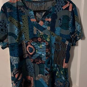 Koi Blue and Orange Patterned Short Sleeve Top